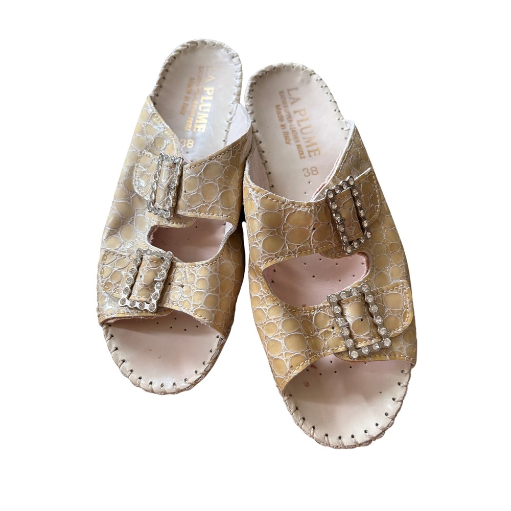 La Plume Italian Leather Crocodile Embossed Rhinestone Buckle Slide Sandals 38 - Picture 2 of 4